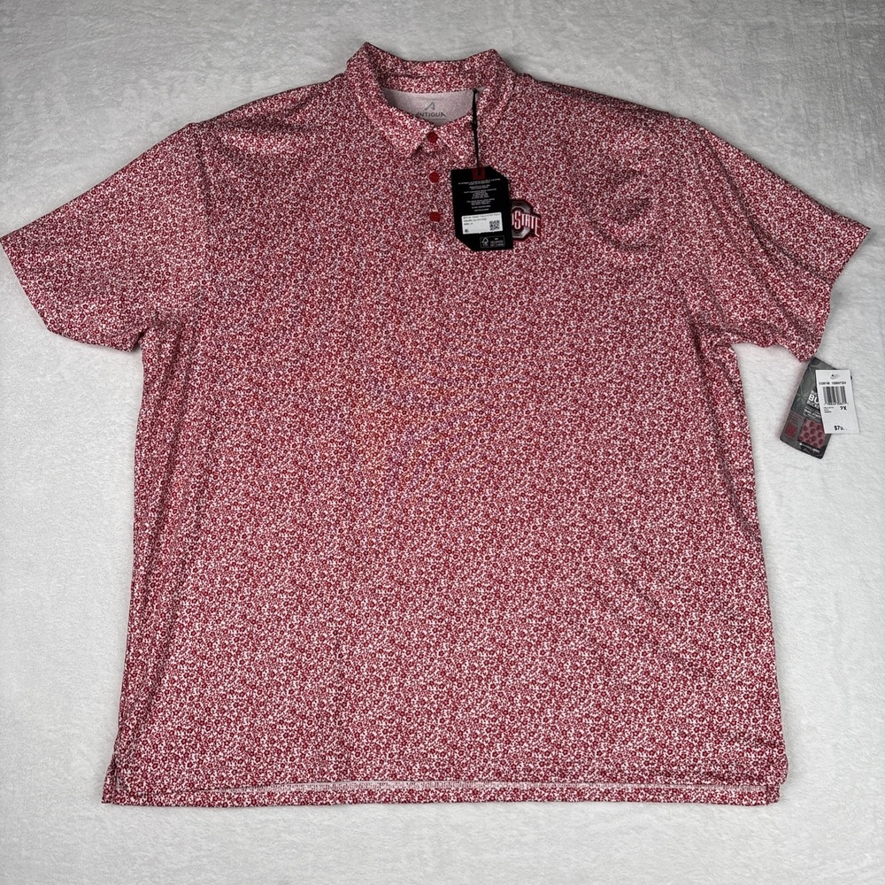 Antigua Ohio State Buckeyes Mens Field Ditsy Short Sleeve Polo Red Size 2XL New